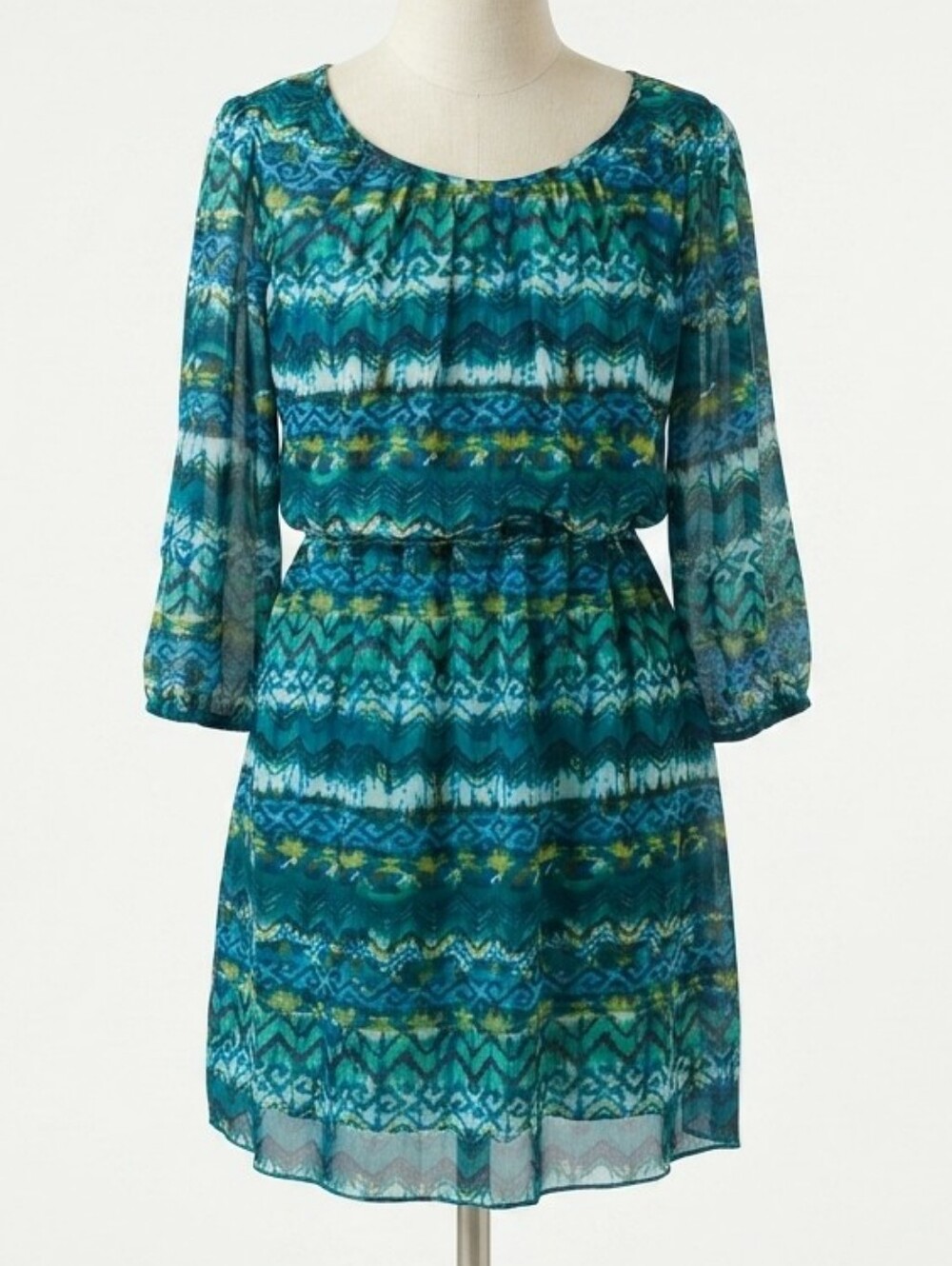 Vintage Y2K Boho Watercolor Dress Blue Green Turquoise Sheer 3/4 Split Sleeves